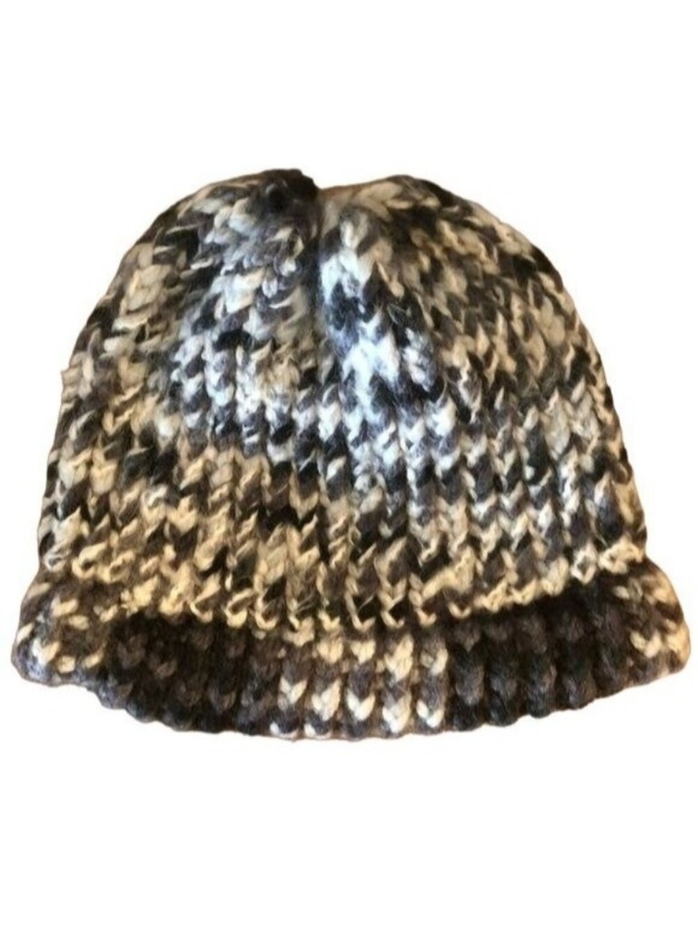 Handmade knitted black white beanie hat soft fuzzy 11x8.5" READ new